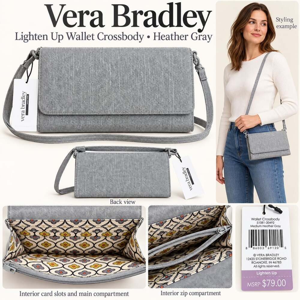 NWT Vera Bradley Lighten Up Wallet Crossbody Medium Heather Gray Bag